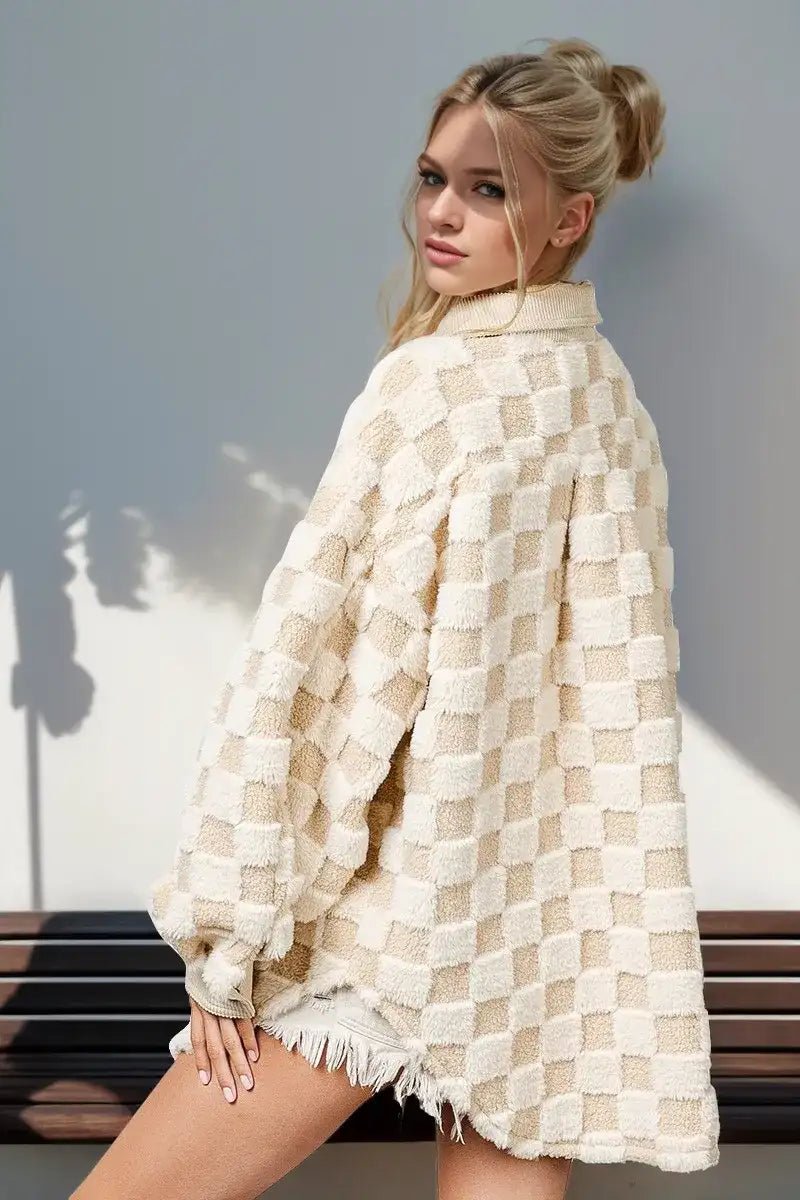Double Take Button Up Fuzzy Checkered Shacket - Bela Fils BoutiqueBela Fils Boutique